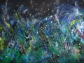 Une interprétation vibrante de la nuit étoilée, avec des touches de jaune et de bleu rappelant l'analyse de Van Gogh. La texture tourbillonnante évoque le mouvement des étoiles.