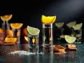 Zwei Tequila-Gläser mit Limette und Orange, bereit für die Tequila-Reihenfolge. Salz und Zimt liegen daneben.