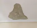 Techo con yeso muerto desprendiéndose, revelando el material subyacente. La moldura blanca decora la unión del techo y la pared.