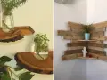 Idee mensole con pallet: mensole rustiche in legno grezzo e una mensola angolare fai-da-te con assi di pallet, perfette per piante e decorazioni.