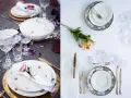 Vackert dukat bord med vita rosa tallrikar, glas och blommor. En romantisk middagsbjudning väntar.