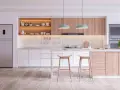 Cucine in cartongesso moderne con isola centrale, elettrodomestici integrati e finiture in legno chiaro.