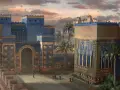 La porte d'Ishtar, monumentale et bleue, ornée de lions dorés, s'élève majestueusement sous un ciel crépusculaire. Des palmiers et des silhouettes humaines animent ce paysage antique.