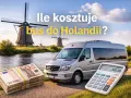 Ile kosztuje bus do Holandii? Stos pieniędzy i kalkulator obok srebrnego busa na tle holenderskich wiatraków.