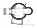 Plan architektoniczny budowli z centralną rotundą, absydą i przylegającymi pomieszczeniami. Skala 5m.