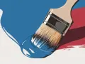 Pinceau trempé dans de la peinture bleue, sur fond blanc, bleu et rouge. La question est : peut-on mélanger 2 peintures de marques différentes ?