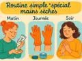 Routine simple pour les mains sèches : matin, journée avec gants et soir.