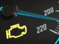 Gelbe motorkontrollleuchte leuchtet auf dem Armaturenbrett. Der Tachometer zeigt 200 und 220.