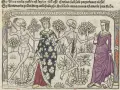 Taniec śmierci (danse macabre) z królową i szkieletem. Królowa w koronie i bogatej sukni tańczy ze szkieletem, który trzyma kosę.