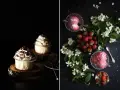 Dwa obrazy: po lewej babeczki z kremem i kakao, po prawej kompozycja zamknieta z lodami truskawkowymi, świeżymi truskawkami i jaśminem.