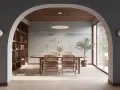 Comedor con mural de grullas y árbol de olivo, creando un ambiente de feng shui sereno y natural.