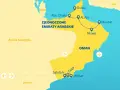 Mapa pokazuje, gdzie jest Oman, sąsiadujący ze Zjednoczonymi Emiratami Arabskimi, Arabią Saudyjską i Jemenem.