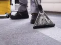 A person demonstrates how to clean a carpet using a professional carpet cleaner, leaving a fresh, clean path.