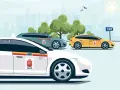 Trzy taksówki w mieście: biała, szara i żółta. Na drzwiach białej widoczny numer boczny pojazdu z herbem Warszawy.