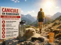Panneau "Canicule en randonnée" avec conseils. Bouteille d'eau, chapeau, lunettes et crème solaire sur le sentier. Randonneuse s'éloigne sous le soleil.