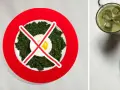 Grüner Spinat mit Spiegelei auf Teller, durchgestrichen. Ein grünes Getränk mit Eiswürfeln daneben. Kein Essen am **Donnerstag vor Ostern**?