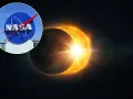 Logo NASA obok spektakularnego zaćmienia Słońca i Księżyca.