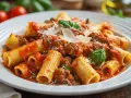 Macarrones con carne picada, cubiertos con salsa de tomate y queso rallado, adornados con hojas de albahaca fresca. ¡Un plato delicioso!