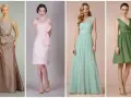 Modelli di abiti eleganti per un matrimonio di giorno: un lungo color tortora, un corto rosa con fiocco, un lungo menta e un corto verde.