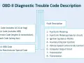 Diagram explaining OBD-II diagnostic trouble code categories (Body, Chassis, Powertrain, Network) and fault descriptions like Fuel & Air Metering.