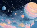 Niebieski kot obserwuje Jowisza w Pannie, otoczonego pierścieniami i innymi planetami w pastelowej mgławicy.