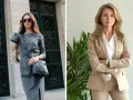 Dos mujeres con estilo business casual. Una lleva un vestido gris y bolso negro, la otra un traje beige y camisa blanca.