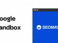 Text "Google Sandbox" neben einem blauen Fenster mit dem SEOMATOR-Logo.