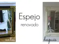 Espejos antiguos pintados a la tiza, antes y después. Un espejo con marco negro y dorado, y otro renovado en blanco.