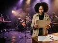 Jeune artiste auteur, concentrée sur ses partitions, sur scène avec son groupe. La cotisation artiste auteur est essentielle pour sa carrière.