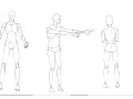 Croquis de pose dessin : une silhouette de face, une de profil tenant deux pistolets, et une de dos.