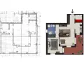 Pianta casa: schizzo grezzo a sinistra, progetto dettagliato a destra con soggiorno, camera, bagno, cucina e terrazzo.