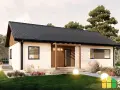 Nowoczesne domy prefabrykowane cena jest przystępna. Biały parterowy dom z drewnianym zadaszeniem i ogrodem.