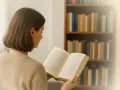 Junge Frau liest ein Buch vor einem Bücherregal.