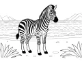 Ett vackert zebra måleri med en zebra vid en vattenkant, med berg i bakgrunden.