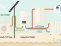 Diagrama de una bomba de calor para radiadores: unidad exterior capta aire, unidad interior calienta agua para radiador y ducha.