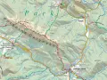 Mapa turystyczna Bieszczad. Widoczne szlaki, schroniska, przełęcze i szczyty, m.in. Połonina Caryńska, Bereżki, Ustrzyki Górne.