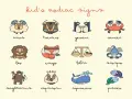 Urocze zwierzątka reprezentujące znaki zodiaku. Baran, Byk, Bliźnięta, Rak, Lew, Panna, Waga, Skorpion, Strzelec, Koziorożec, Wodnik, Ryby. 8 maj znak zodiaku to Byk.