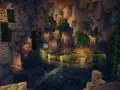 Un mundo subterráneo de Minecraft con cascadas, vegetación exuberante y luces brillantes. ¡Una de las mejores semillas Minecraft para explorar!