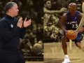 Trener Tyronn Lue klaszcze, podczas gdy Michael Jordan w barwach Wizards z piłką, obok gracza Lakers.