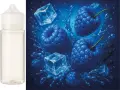 Botella vacía junto a frambuesas azules, cubitos de hielo y salpicaduras de agua.