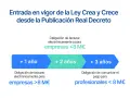 La **ley crea y crece entrada en vigor** se detalla en plazos: facturación electrónica para empresas <8M€, empresas >8M€ y comunicación de pagos para profesionales <8M€.
