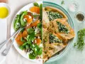 Deliciosas recetas con espinacas: ensalada fresca con naranja y queso feta, y crepes rellenos.