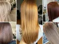 Kolaż prezentuje modną koloryzację włosów: platynowy blond, miedziany rudy, głęboki brąz z refleksami, rudy bob i popielaty blond.