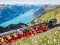The Brienzer Rothorn train ascends a steep mountain track, offering passengers breathtaking views of a turquoise lake and snow-capped peaks.