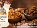 Deux bols de sucre muscovado, un ingrédient aux multiples bienfaits pour la pâtisserie. Un chef cartoon prépare de la pâte.