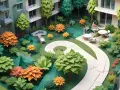 Un giardino stilizzato con alberi di carta e fiori colorati, circondato da palazzi verdi. Un percorso bianco serpeggia tra la vegetazione.