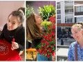 Uśmiechnięta dziewczyna przy stole z papryką, z bukietem tulipanów i przed restauracją Sanah.