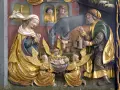 Detailreiche Darstellung der Geburt Jesu zu Weihnachten: Maria, Josef, Engel und Tiere um das Jesuskind.