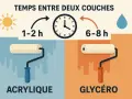 Temps entre deux couches de peinture : 1-2h pour l'acrylique (soleil), 6-8h pour la glycéro (goutte d'eau).