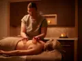 A therapist performs a Himalayan salt massage, placing warm salt stones on a client's back.